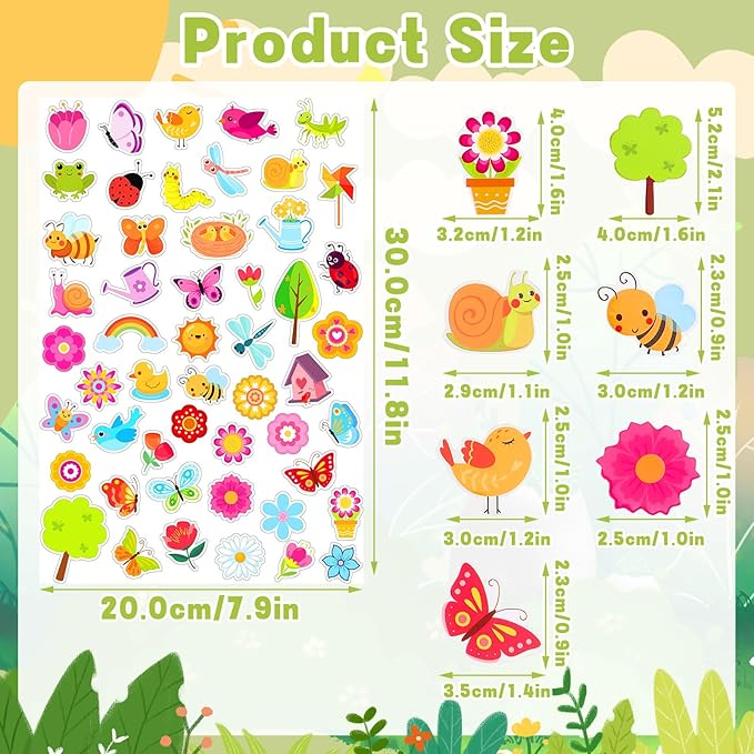 JULBEAR 300 Pieces Spring Foam Stickers Self-Adhesive Cartoon Flower Butterfly Garden Foam Stickers for Kids Spring Theme Party Favors Decoration Classroom School Activity Cards DIY Arts Crafts