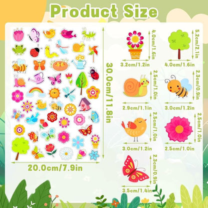 JULBEAR 300 Pieces Spring Foam Stickers Self-Adhesive Cartoon Flower Butterfly Garden Foam Stickers for Kids Spring Theme Party Favors Decoration Classroom School Activity Cards DIY Arts Crafts