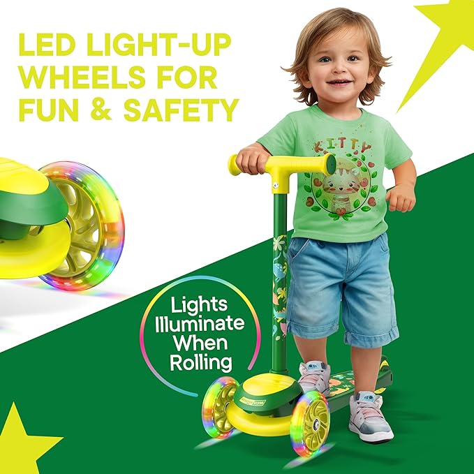 3 Wheel Scooter for Kids, Smooth Light Up LED Front Wheels, Wide Anti Slip Deck, Rear Foot Brake, Easy Lean to Steer Maneuvering, Indoor & Outdoor Ride On Toys for Ages 2 Up,