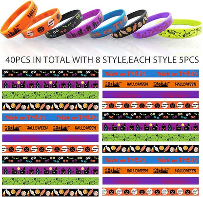 GuassLee Kids Halloween Party Favors Rubber Bracelets, 40pcs Halloween Silicone Wristbands and Cards for Kids Halloween Trick or Treat Gifts, Halloween Giveaways, Halloween Goodie Bag Fillers Supplies