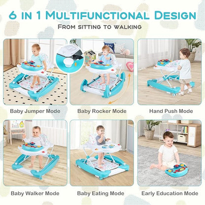 BABY JOY 6-in-1 Baby Walker, Foldable Baby Walker with Wheels, Adjustable Height, Music, Lights, Bouncer & Rocker Mode, Baby Walkers for Boys Girls 6-14 Months (Green)