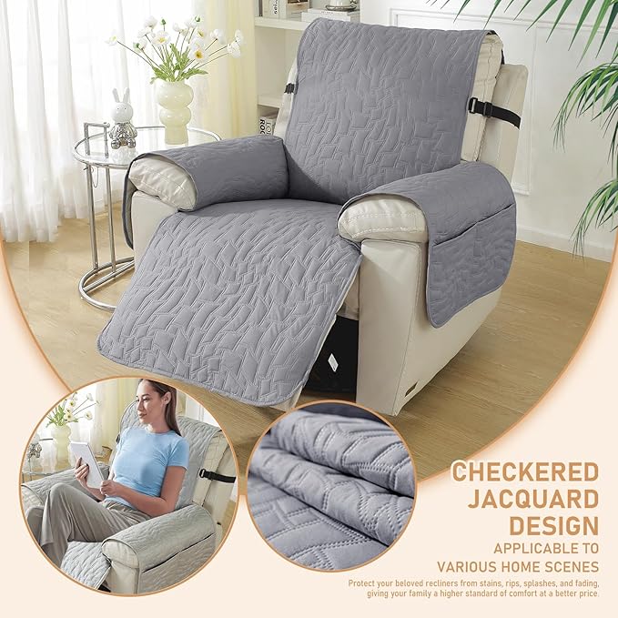 100% Waterproof Recliner Chair Covers for Reclining Chair, Small Recliner Covers That Stay in Place, Non-Slip Recliner Armchair Cover with Pockets for Kids, Pets, Dogs, Cat, Washable,Light gra