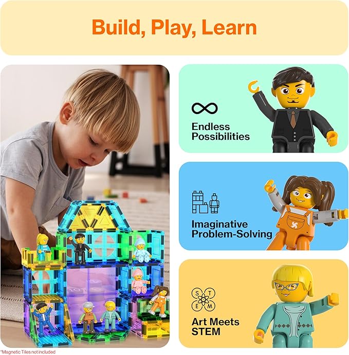Picasso Toys Magnetic Action Figures 8 Piece Family Character for Construction Building Block Tiles Toddler Toy Set Magnet Expansion Variety Pack Educational STEM Learning Kit Pretend Playset PTA11
