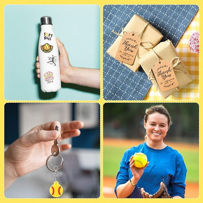 130 Pcs Softball Party Favors Including Softball Keychains Adjustable Softball Bracelets PVC Softball Stickers Thank You Kraft Tags Organza Bags for Birthday Party Wedding School Reward