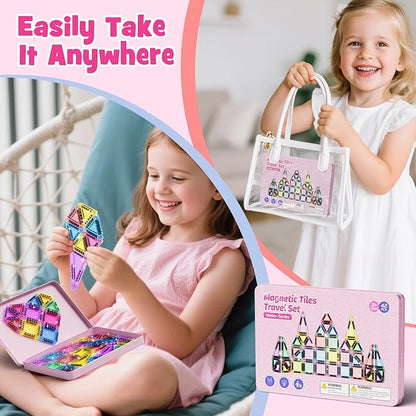 WMXDU 42-Piece Glitter Magnetic Tiles Travel Set with Pink Metal Box - Portable STEM Building Blocks for Kids Ages 3-8 Boys & Girls STEM Montessori Educational Toys for Airplane Car Rides