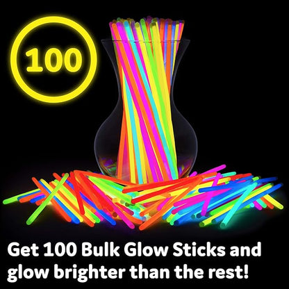 PartySticks 100 Ultra Bright Glow Sticks Bracelets and Necklaces - Premium Glow in the Dark Party Supplies and Decorations - Bulk 8" Glowsticks Party Favors Pack