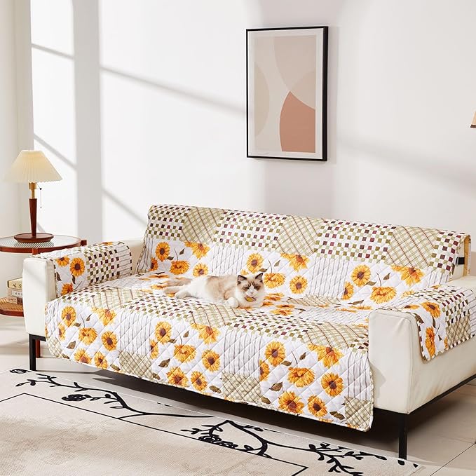 EVENHUG Loveseat Sofa Cover Patchwork Floral Sofa Slipcover Washable Couch Cover 2 Cushion Sofa Furniture Protector Cover with Elastic Straps for Pets Kids Dog Cat (Loveseat,Yellow)