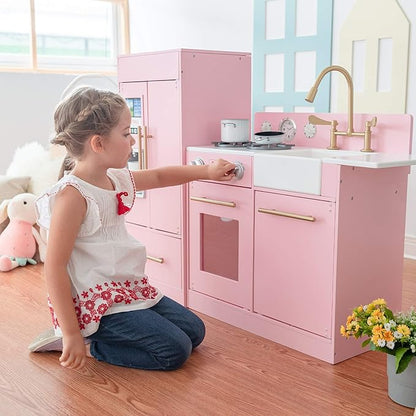 Teamson Kids Little Chef Charlotte 2-Piece Modular Wooden Play Kitchen with Icemaker and Ample Storage, Pink with Gold Hardware