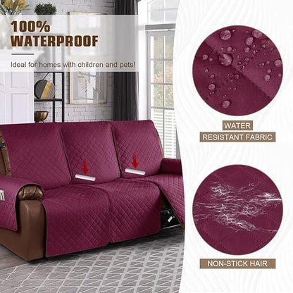KinCam Recliner Sofa Covers for 3 Seat, 100% Waterproof Reclining Couch Covers, Non-Slip Recliner Couch Cover Furniture Protector with Elastic Straps for Pets, Kids, Burgundy