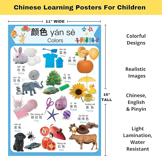 N/A/ Chinese Learning 10-Poster Set for Kids. Montessori-Inspired. Bilingual with Simplified Chinese, English, and Pinyin.