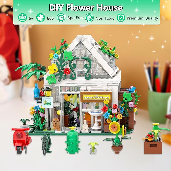 Flower House Building Blocks Set- Mini Garden Greenhouse,Flower Shop Building Kit with LED Lights,Creative Building Playset Toy,Valentines Day Gifts for Adults or Girls 6-12 Years