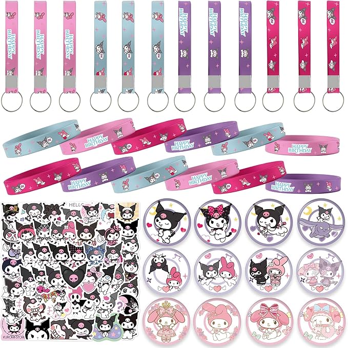 Kawaii Birthday Party Decorations, Kawaii Birthday Party Supplies Include 12 Key Chains, 12 Bracelets, 12 Button Pins, 50 Stickers, Kawaii Party Favors for Girls