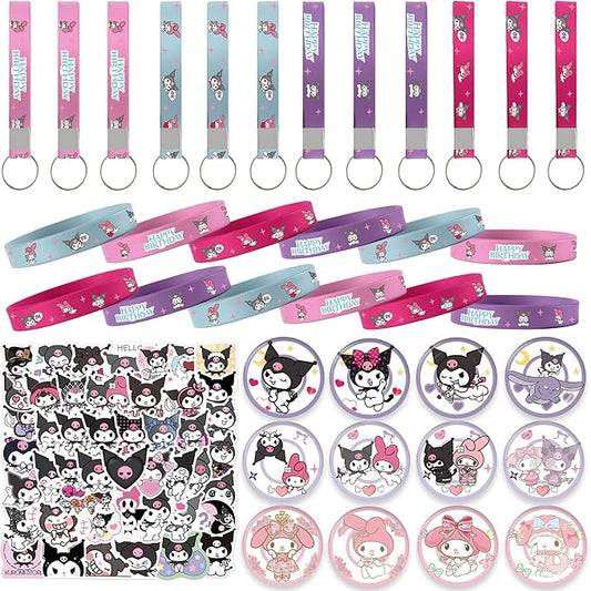 Kawaii Birthday Party Decorations, Kawaii Birthday Party Supplies Include 12 Key Chains, 12 Bracelets, 12 Button Pins, 50 Stickers, Kawaii Party Favors for Girls