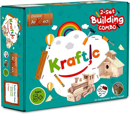 Kraftic Woodworking Building Kit for Kids and Adults, 2 Educational DIY Carpentry Construction Wood Model Kit Toy Projects for Boys and Girls - Build a Wooden Town Hall Birdhouse and Train