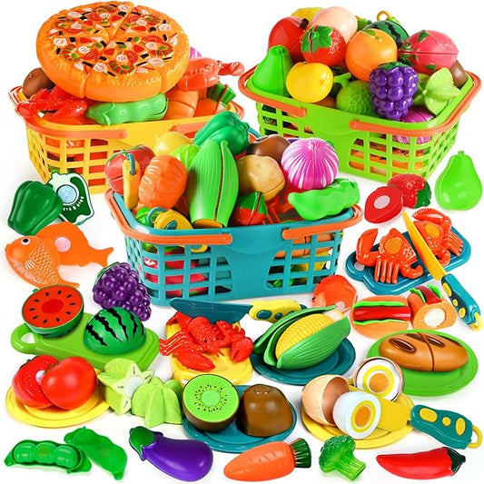 Play Food Set for Kids Kitchen- 100 Pcs Kitchen Food Toy for Toddlers, Cutting Fake Food/ Fruit/ Vegetable Accessories with Three Baskets, Birthday Gift for 3 4 5 Years Old Boy Girl