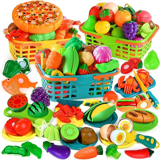Play Food Set for Kids Kitchen- 100 Pcs Kitchen Food Toy for Toddlers, Cutting Fake Food/ Fruit/ Vegetable Accessories with Three Baskets, Birthday Gift for 3 4 5 Years Old Boy Girl