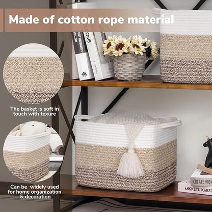 Goodpick Woven Storage Basket, 13"x10"x9" Cotton Rope Organizer for Dog Toys, Books, Stylish Gift Basket with Handles, Small Laundry Baskets for Shelves, Gradient Brown