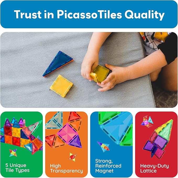 PicassoTiles 80 Piece Mini Size Magnetic Tiles Sensory Magnet Toys Diamond Series Construction Building Blocks Set STEM Learning Travel Size Educational Toy for Kids Boys Girls Toddlers Age 3+ PTM80
