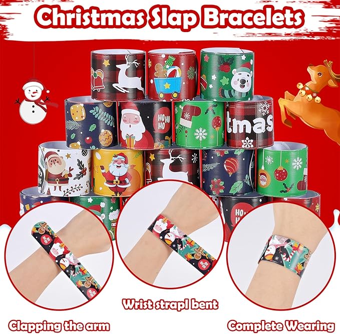 Christmas Slap Bracelets for Kids - 36 PCS Bulk Xmas Snap Bracelets Christmas Stocking Stuffers Goodie Bag Stuffers Santa Christmas Party Favors Supplies Decorations Classrooom Prizes for Girls Boys