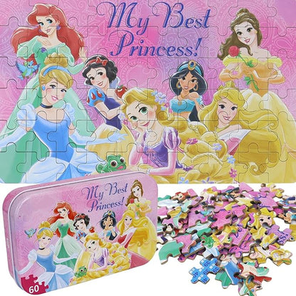 Princess Puzzles for Kids Ages 4-8 60 Pieces Puzzles for Kids Ages 3-5 Princess Puzzle for Girls and Boys Toys Jigsaw Puzzles in a Metal Box Educational Puzzles (Princess 0681)