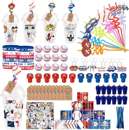 Baseball Party Favors 170 Pcs Baseball Birthday Party Decoration With Cups Straws Slap Bracelets Whistles Stress Balls Wristbands Keychains Stamps Stickers Thank you Tags(Baseball)