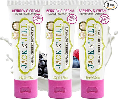 Jack N' Jill Natural Toddler Toothpaste for Baby, Kids and Infants 6 Months & Up, Fluoride Free Training Toothpaste for Toddlers 1-3 (1.76 Fl Oz (Pack of 3), Berries & Cream)
