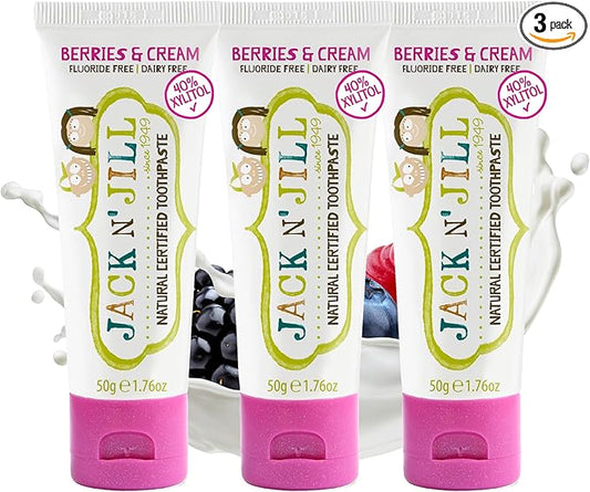 Jack N' Jill Natural Toddler Toothpaste for Baby, Kids and Infants 6 Months & Up, Fluoride Free Training Toothpaste for Toddlers 1-3 (1.76 Fl Oz (Pack of 3), Berries & Cream)