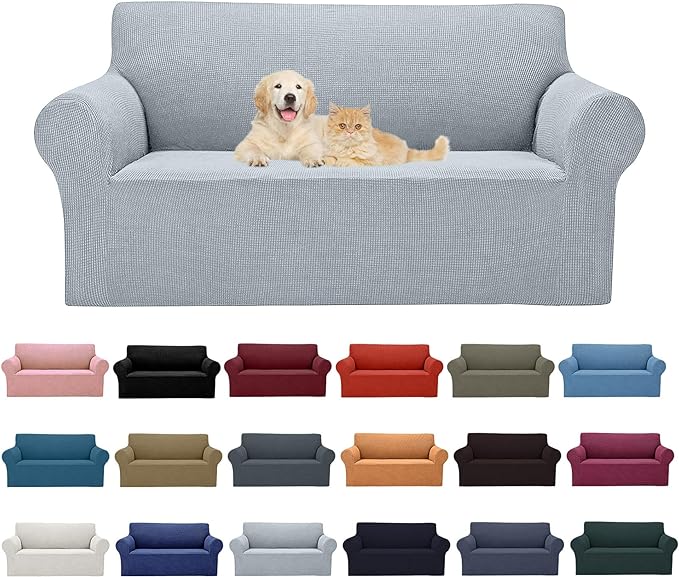 2025 New Stretch Loveseat Sofa Slipcovers Couch Cover for 2 Cushion Furniture Protector Sofa Covers with Elastic Bottom Jacquard Fabric Small Checks for Pets, Kids - Silver