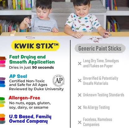 Kwik Stix Cuties Washable Paint Sticks for Kids & Toddlers, 12 Non-Toxic Colors, Quick-Drying, Allergen-Free, Solid Tempera with Cute Caps