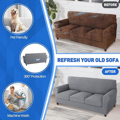MAXIJIN 4 Piece Couch Covers for 3 Cushion Couch Super Stretch Non Slip Couch Cover for Dogs Pet Friendly Elastic Jacquard Furniture Protector Sofa Slipcovers (Sofa, Light Gray)