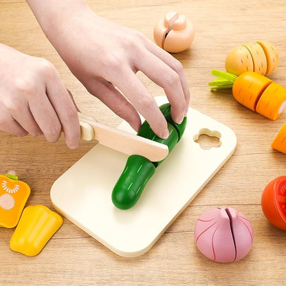 Cutting Vegetable Set - Wooden Play Food Kitchen Accessory, Multi - Pretend Play Accessories, Wooden Cutting Fruit Toys for Toddlers and Kids Ages 3+