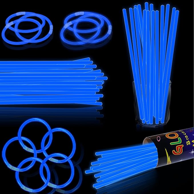 100 pk 8" Glow Sticks Bulk Party Favors, Light up Glow Necklaces & Bracelets in the Dark Party Supplies For Christmas Halloween 4th of July Birthday Neon Party (100 * Blue)
