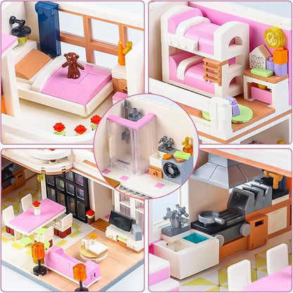 Friends Duplex Apartment Building Block Sets, Mini Pink Dream House Kitchen Home Cottage Collectible Display Modular Decor Bricks Kits Birthday Gifts Ideas for Adults Teens 8-12 14+ (1221 PCS)