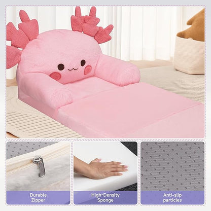 MONKISS 2-in-1 Toddler Couch Chair Comfy, Kids Chair Couch, Mini Couch, Flip Out Sherpa Kids Sofa, Baby Couch, Chair for Toddlers 1-3, Kids Lounge Chair Reading Chair, Kids Couch Bed Fold Out, Axolotl