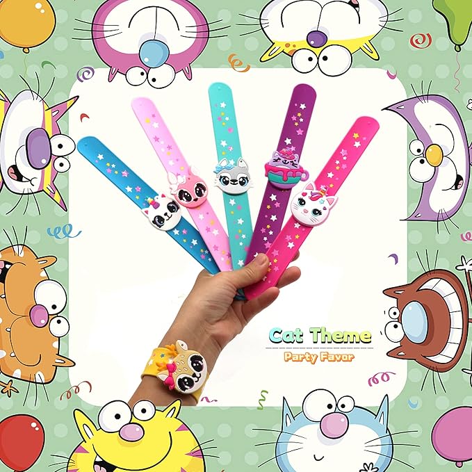 Cat Theme Slap Bracelets Party Favors- Cat Silicone Wristbands (6pack) for Boys&Girls Birthday&Cat Theme Party Supplies Carnival Prizes Suit Classroom Exchanging Gifts