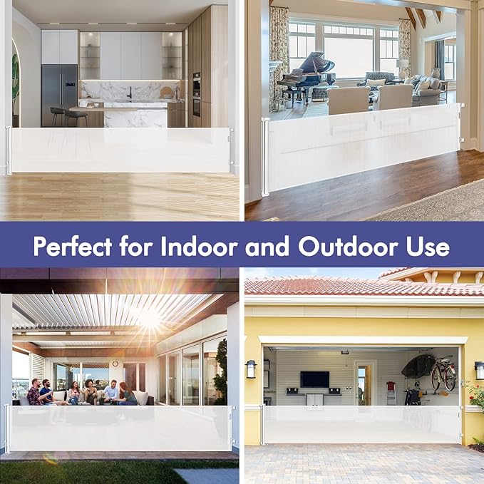 145 Inch Retractable Baby Gates Extra Wide Dog Gate for Extra Wide Openings Retractable Dog Gate Indoor Outdoor Retractable Gate Mesh Baby Gate Extra Long Baby Gate for Stairs, Doorways, White