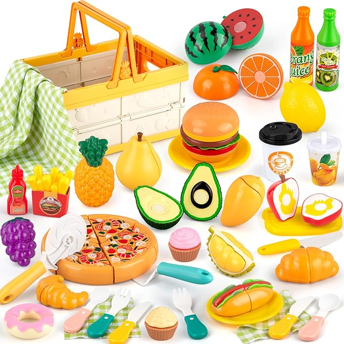 Play Food Sets for Kids Kitchen, Picnic Basket Toy Food Cutting Set with Cutlery and Blanket, Toddler Play Kitchen Accessories with Fruits, Juice, Fake Food with Pizza Toys for Boys Girls