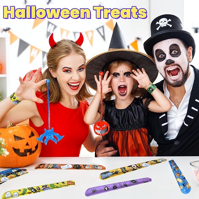 48 Pcs Halloween Treats Non Candy for Kids Sticky Hands and Slap Bracelets Halloween Party Favors Toys Goodie Bag Stuffers (Halloween-48 Pack)