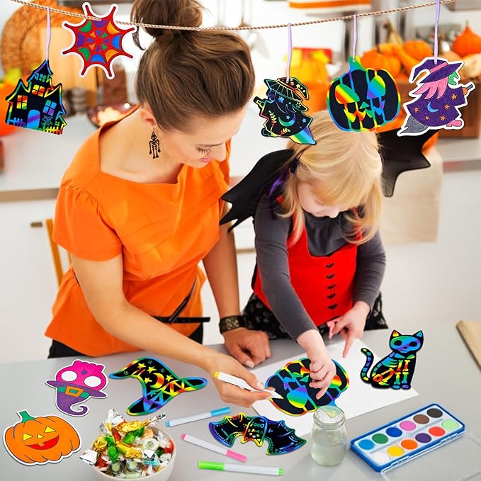 Garma Scratch Paper Art for Kids - 72 Pcs Halloween Magic Rainbow Scratch Paper Off Cards Set for Kids Crafts Arts Supplies Halloween Ornaments Party Games Classroom Activities Birthday Gift