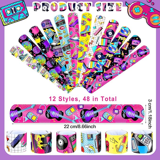 Viicoor Retro 48PCS Slap Bracelets Snap Bracelet 70s 80s 90s Wrisrtband School Prizes Exchanging Gifts
