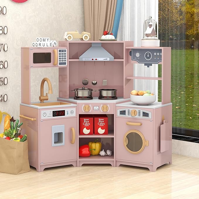 TaoHFE Play Kitchen with Lights and Sounds Pink Kids Kitchen Toddler Kitchen Set with Washer Chalkboard Wooden Kitchen Kids Playset with Washing Machine Range Hood Girls Boys Gift for Ages 3+