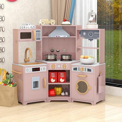 TaoHFE Play Kitchen with Lights and Sounds Pink Kids Kitchen Toddler Kitchen Set with Washer Chalkboard Wooden Kitchen Kids Playset with Washing Machine Range Hood Girls Boys Gift for Ages 3+