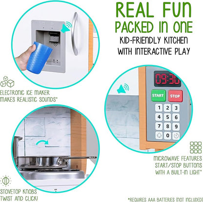 Lil' Jumbl Kids Kitchen Set, Pretend Wooden Play Kitchen, Battery Operated Icemaker & Microwave with Realistic Sound, Pots & Pan Included - Natural