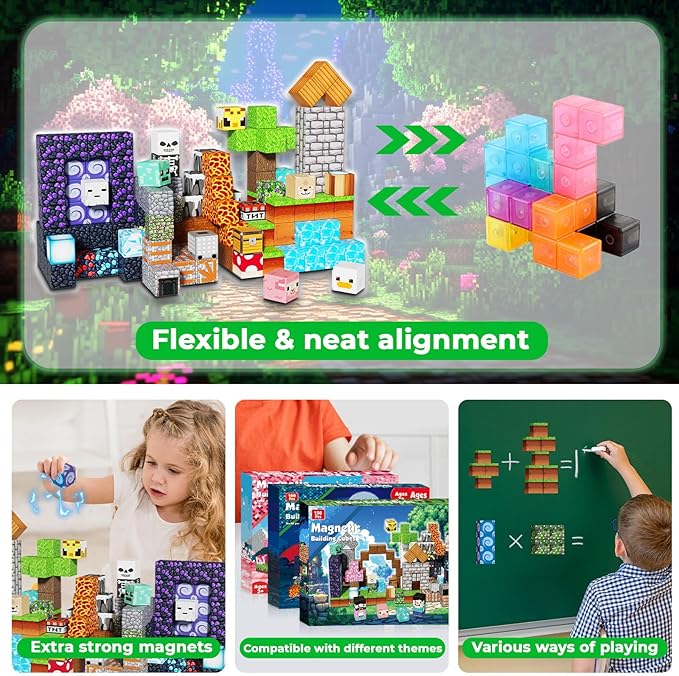 Magneverse 150 PCS 0.8in Magnetic Blocks - Easter Toys, Magnetic Building Blocks Cubes, Stacking Magnets, School STEM Toys Birthday Gifts for Boys and Girls Age 3+ Years Old (Theme: Adventure World)