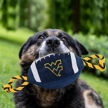 Pets First NCAA West Virginia Mountaineers Nylon Football Dog Toy, Tough Quality Nylon Materials, Strong Pull Ropes, Inner Squeaker, Collegiate Team Color