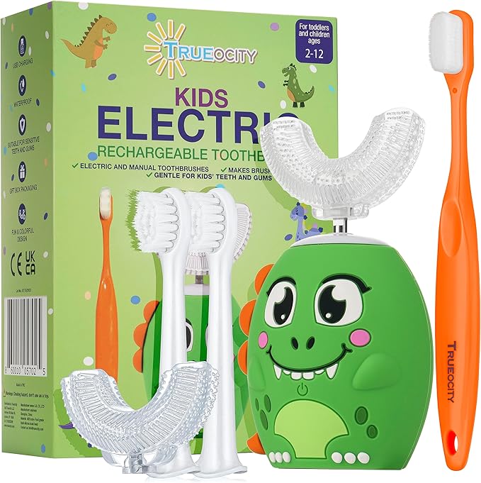 Trueocity Kids Toothbrushes U Shape, Kids Automatic Toothbrush, Toddler Toothbrush U Shaped, U Toothbrush Kids, Auto Toothbrush, Rechargeable Electric Brush Age 2+, Children's Toothbrush (Dinosaur)