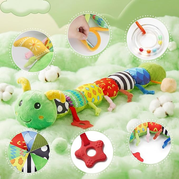 Baby Toys 0-6 Month Musical Caterpillar Toy for Infant 0-3 3-12 Months,Mirror Crinkle Rattle Tummy Time Sensory Toys Newborn Boys&Girls Stuffed Plush Gifts,Car Seat Toys for Outings