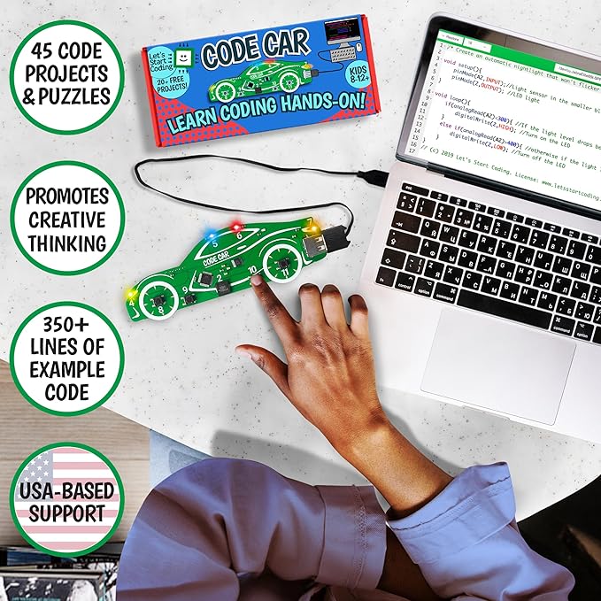 Code Car Kids Coding Toy for Kids 8-12+ and Teens. Learn Block & Typed C++ Coding with Hands-On Electronics & 40+ Projects Including Custom Siren, Honk The Horn, and Reverse Alarm.