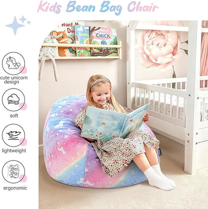 COMAX Bean Bag Chairs for Kids 8-12, Toddler BeanBag Sofa with Filler Unicorn Bean Couch Stuffed for Boys and Girls, Lazy Floor Chair for Playroom, Nursery Room, Colorful Rainbow