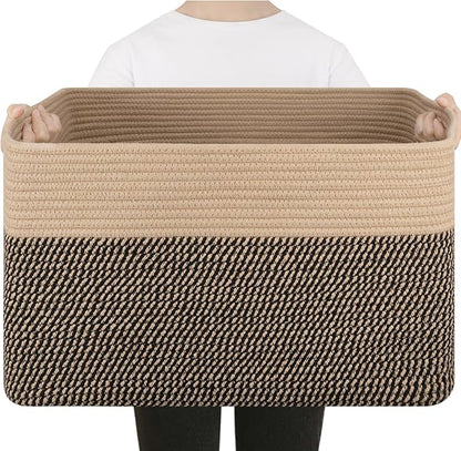 75L Large Cotton Rope Basket, Soft Toy Storage Bin for Nursery & Living Room, Decorative Blanket Basket for Bedroom, Baby-Safe Organizer for Pillows &Laundry, 22''×17''×12'', Brown & Black